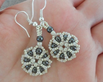 Beaded Hematite Earrings, Lacy Earrings, Handmade Beadwoven Earrings, Beaded Earrings, Seed Beads Earrings, Cream White, Hematite Jewelry