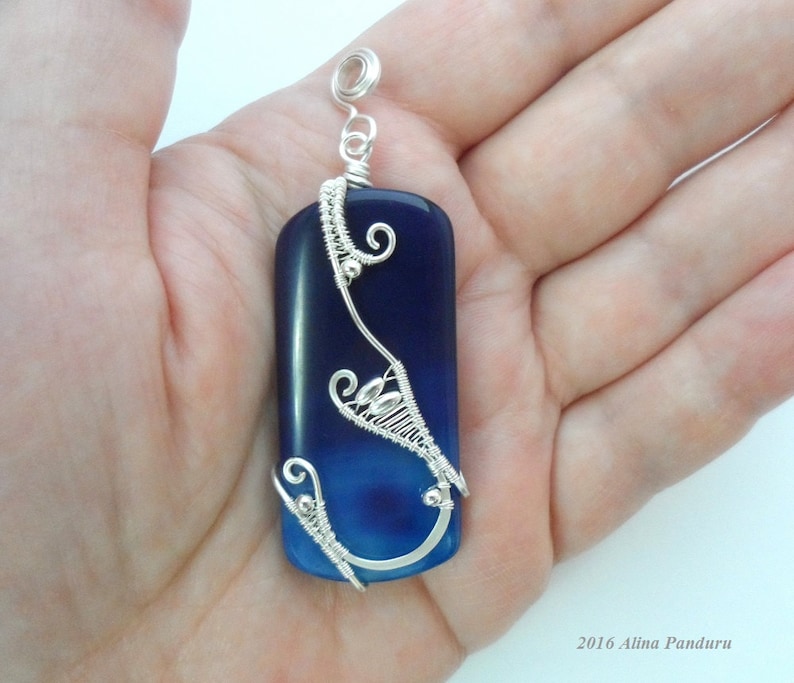 Blue Agate Pendant Silver Pendant Wire Wrapped Gemstone Pendant Handmade Agate Jewelry Navy Blue Stone Pendant Reversible Sea Waves Pendant