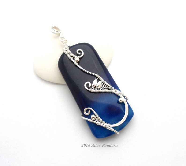 Blue Agate Pendant Silver Pendant Wire Wrapped Gemstone Pendant Handmade Agate Jewelry Navy Blue Stone Pendant Reversible Sea Waves Pendant