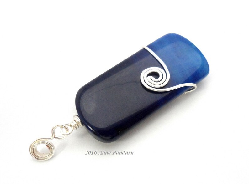 Blue Agate Pendant Silver Pendant Wire Wrapped Gemstone Pendant Handmade Agate Jewelry Navy Blue Stone Pendant Reversible Sea Waves Pendant
