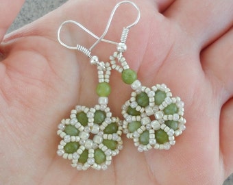 Beaded Green Jade Earrings, Lacy Earrings, Handmade Beadwoven Earrings, Beaded Earrings, Seed Beads Earrings, Cream White Green Jade Jewelry