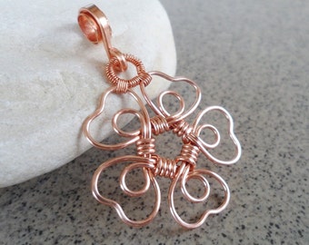 SHAMROCK Copper Pendant - Irish Inspired Copper Jewelry, Handmade Wire Wrapped Hammered Heart Shaped Flower Pendant, Artisan Pendant for Her