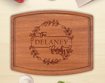 Personalized Cutting Board - Custom Engraved Names with Wreath, Wedding, Housewarming, Anniversary, Engagement, Closing Gift