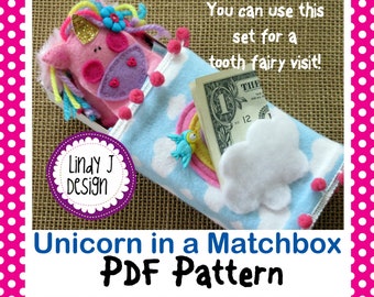 Felt UNICORN Toy Pattern MATCHBOX Softie PDF Pattern Matchbox Playset Tooth Fairy Toy Matchbox Toy Pattern Travel Toy Play Set