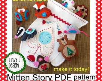 MITTEN Felt ANIMALS Sewing PDF Pattern Felt Playset Holiday Ornaments Embroidered Woodland Toys Hand or Machine Sewn