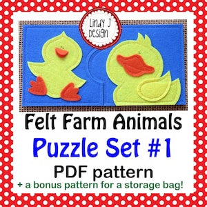 May include: A PDF pattern for a felt farm animal puzzle set featuring a yellow duck. The set includes a bonus pattern for a storage bag. The text on the image reads "Felt Farm Animals Puzzle Set #1 PDF pattern + a bonus pattern for a storage bag!"