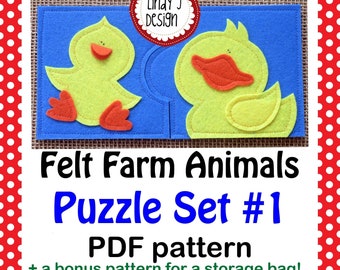 Quebra-cabeça de feltro com animais da fazenda para recém-nascidos nº 1 - Molde em PDF, Quebra-cabeças para bebês, Instruções bônus para bolsa de tecido com atividades, Tutorial para bolsa de armazenamento com cordão