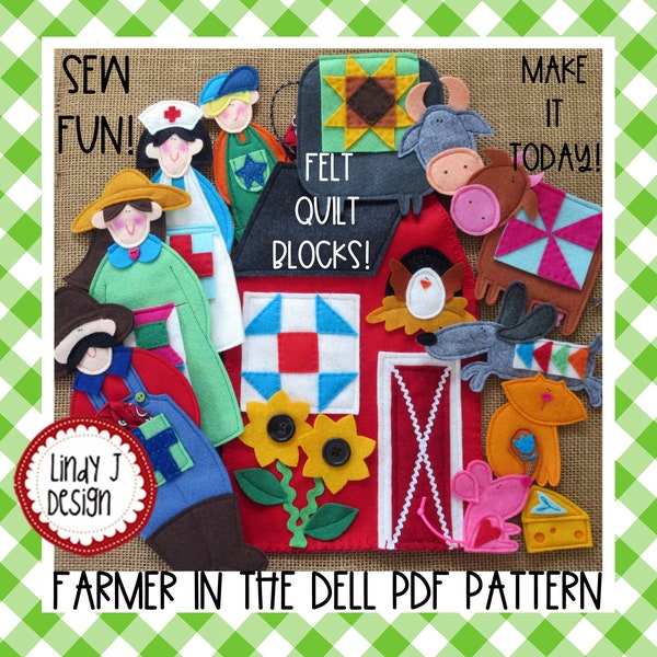 The Farmer in the Dell Felt PLAYSET, FARM animals, PDF Pattern, Barn Tote, Felt Board Nursery Rhyme, Hand or Machine Sew Or Glue!