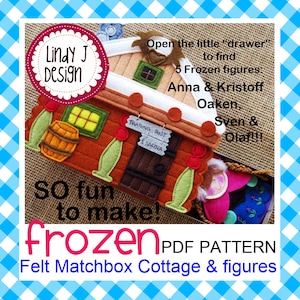 Könnte beinhalten: Ein Filz-Bastelset zum Herstellen eines Frozen-Themas Matchbox-Häuschens und Figuren. Das Set enthält ein Filzhäuschen mit einer kleinen Schublade, die sich öffnet und fünf Figuren enthüllt: Anna, Kristoff, Oaken, Sven und Olaf. Das Häuschen hat ein Schild mit der Aufschrift "Trading Post & Sauna".