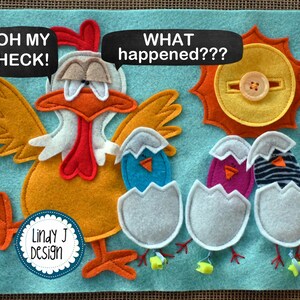 Puede incluir: Una manualidad de fieltro que representa una gallina sorprendida con el texto "Oh my heck!" sobre ella. La gallina est&aacute; rodeada de tres huevos rotos con pollitos dentro. El texto "What happened???" est&aacute; sobre los huevos. El sol est&aacute; en la esquina superior derecha de la imagen.