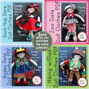 Peut inclure: Quatre patrons de vêtements de poupée différents, chacun présentant une tenue et un thème différents. Les patrons sont intitulés "Sock Hop Date", "Zoo Date", "Rodeo Date" et "Hiking w/Dad". Chaque patron comprend une poupée avec une tenue et des accessoires différents. Les patrons font tous partie de la collection "Daddy Date".