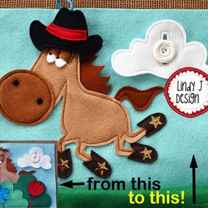 Puede incluir: Una actividad de manualidades de fieltro para ni&ntilde;os con un caballo marr&oacute;n con un sombrero de vaquero negro, una bandana roja y botas doradas. El caballo est&aacute; sobre un fondo turquesa con una nube blanca y un c&iacute;rculo rojo con el texto "Lindy J Design". La imagen muestra la manualidad terminada y una imagen m&aacute;s peque&ntilde;a de la manualidad sin terminar.