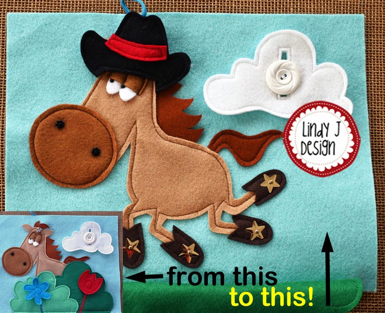 Puede incluir: Una actividad de manualidades de fieltro para ni&ntilde;os con un caballo marr&oacute;n con un sombrero de vaquero negro, una bandana roja y botas doradas. El caballo est&aacute; sobre un fondo turquesa con una nube blanca y un c&iacute;rculo rojo con el texto "Lindy J Design". La imagen muestra la manualidad terminada y una imagen m&aacute;s peque&ntilde;a de la manualidad sin terminar.