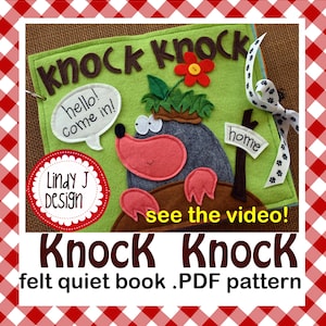 Może przedstawiać: Wzór cichej książki z filcu do książki "Knock Knock" z kretem o czerwonym nosie i zielonym kwiatem. Książka jest wykonana z filcu i ma brązową okładkę z juty. Tekst na okładce brzmi "Knock Knock".