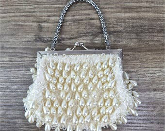 Vintage Lily Scott Beaded Pearl Clutch Wedding Evening Bag - Rhinestone Handle