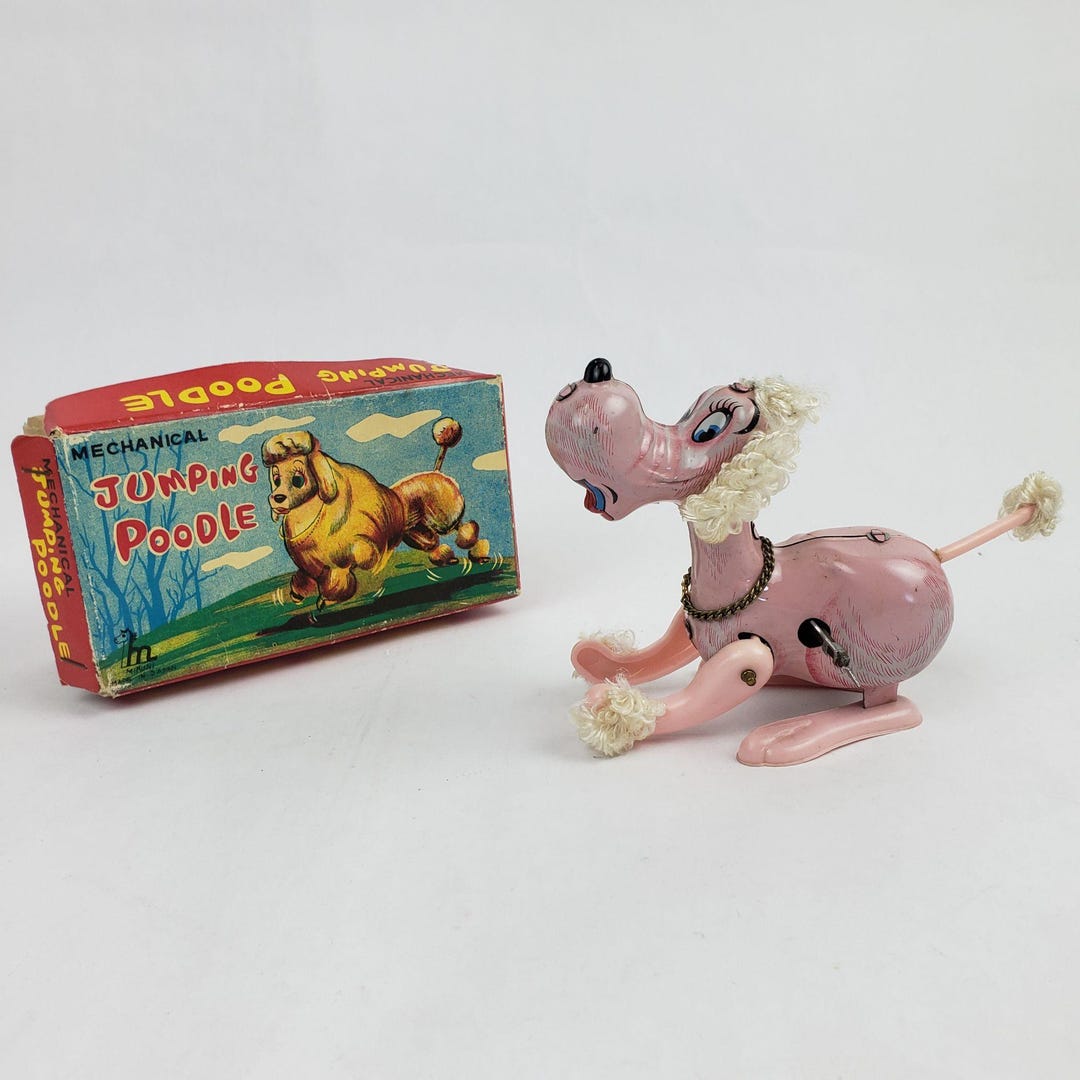 Vintage Mechanical Jumping Pink Poodle Mikuni Wind-up Toy With Box