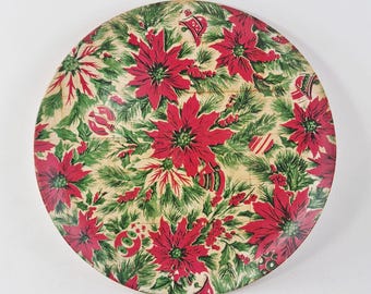 Vintage 1950s/60s Christmas Poinsettia 13" Round Woven Wood Serving Tray Taiwan