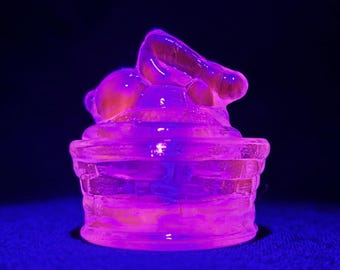Miniature Vintage Blue Bunny Rabbit Hen on Nest Mini HON Wilkerson Glass Glows!