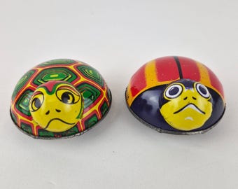 Lot of 2 Vintage Koyo Japan Tin Litho Friction Toys - Turtle & Ladybug 1950s