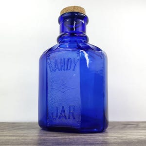 Vintage Cobalt Blue Glass Handy Jar & Cork with 8 Sides made in Taiwan Sticker
