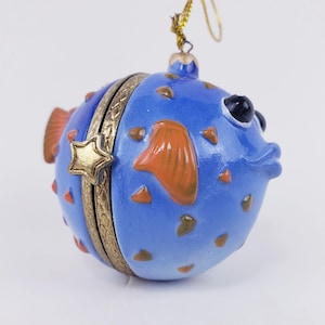 Blue Pufferfish Trinket Box / Ornament - Hinged Porcelain & Metal Jewelry Box