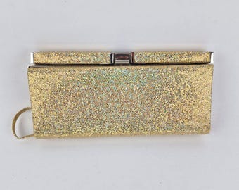 Vintage Gold Glitter Clutch Bag Shimmer Evening Purse Hard Case Handbag Wristlet