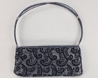 Vintage Black & Gray Beaded Evening Bag Elegant Paisley Floral Clutch with Strap