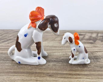 Vintage Japan Sad Hound Dog & Puppy Porcelain Figurine Set White and Brown Spots with Orange Bow