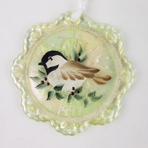 Fenton 1997 Hand Painted Opalescent Glass Ornament w Bird Design & Holly Leaves