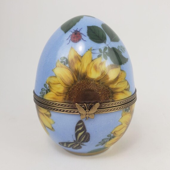 Rare Limoges France Limited Edition Egg Trinket Box HandPainted Sunflower & Butterfly