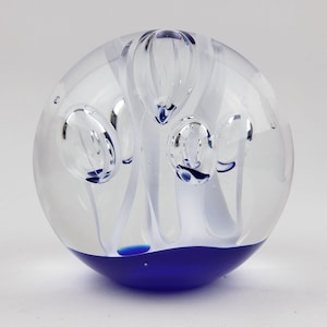 Signed KRS Clear & Blue Glass Paperweight With Intricate Controlled Bubble Design