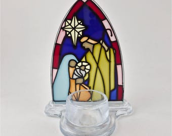 Vintage Teleflora Stained Glass Nativity Scene Candle Holder Religious Decor