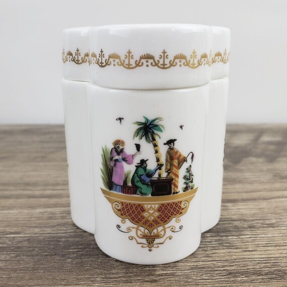 Royal Worcester Chinoiserie Porcelain Trinket Box Jewelry Jar & Lid #3849