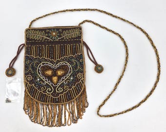 Vintage Beaded Fringe Crossbody Pouch Bag Boho Shoulder Purse Brown Bronze Gold