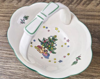 Vintage Nikko Japan Christmas Tree Handled Candy Nut Dish Basket Bow Handle 6"