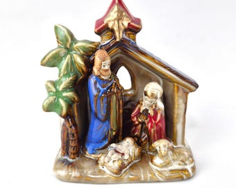 Vintage Ceramic Miniature Nativity Scene Figurine Holy Family Small Statue