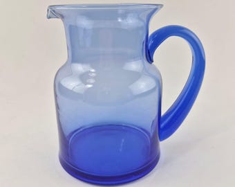 Vintage Cobalt Blue Squat Pitcher Hand Blown Art Glass Applied Handle 7" Tall