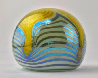 Vintage 1980 Signed Steven Smyers Art Glass Paperweight - Iridescent Pulled Feather