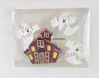 3 pc Vintage Halloween Floating Candle Set  Haunted House & Spooky Ghosts Unused