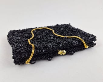 Vintage 1950s -60s Black Beaded Evening Bag Handmade Hong Kong Gold Chain Clutch