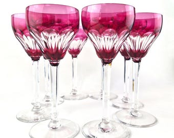 8 Signed Val Saint Lambert Cranberry Pink Cut to Clear Crystal Wine Glass Set