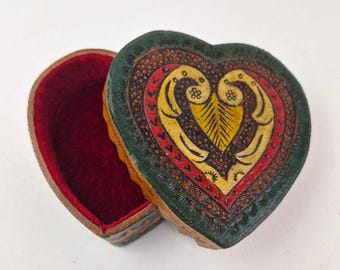 Vintage Panama HandPainted Heart Shape Leather Trinket Box Velvet Lined Folk Art