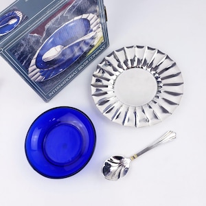 Vintage International Silver Cobalt Blue Glass & Silver Plated Bowl, Spoon with Box