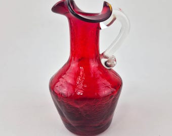 Vintage Ruby Red Crackle Glass Mini Pitcher Hand Blown 5" Clear Handle UV Glow