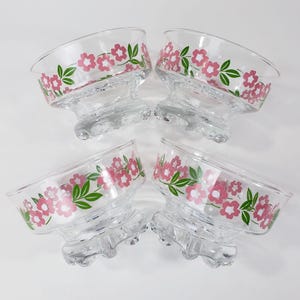 4 Showa Floral Glass Footed Dessert Bowls Pink & Green Flowers made in Japan