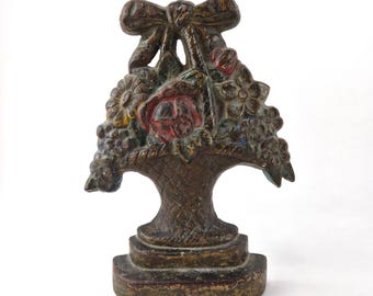 Antique Hubley Cast Iron Flower Basket Doorstop Vintage Floral Bouquet Bow 1920s