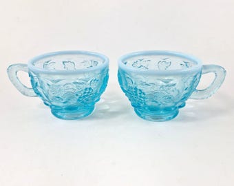 2 Vintage Fenton Blue Opalescent Punch Tea Cups with Paneled Grape Vine Pattern