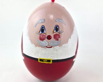 Vintage 1977 Hand Painted Wood Egg Santa Claus Christmas Ornament Signed Ann '77