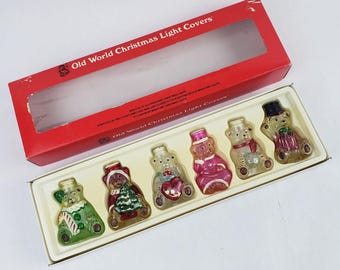 Vintage Glass Teddy Bear Light Covers - Old World Christmas Set of 6