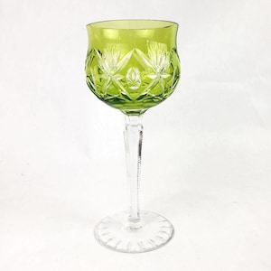 Vintage Crystal Lime Peridot Green Cut To Clear Stemmed Wine Glass Water Goblet